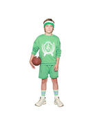 Boy model wearing the Headband Happy Human by Cos I Said So in combination with the Country Club Sweater and Jog Shorts, both in Spruce Green together with the Socks in White.