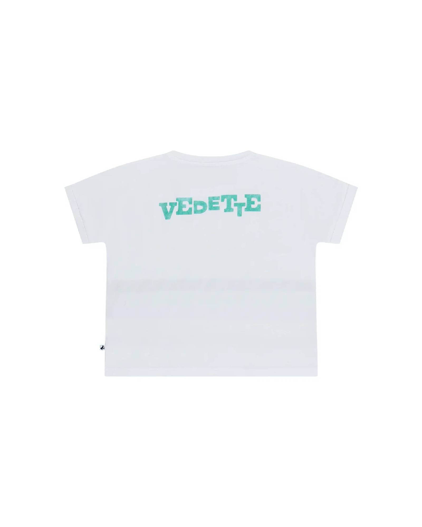 Girls Crop Tee in Offwhite by Cos I Said So with rainbow stripes in front and Vedette on the backside in Spruce Green.