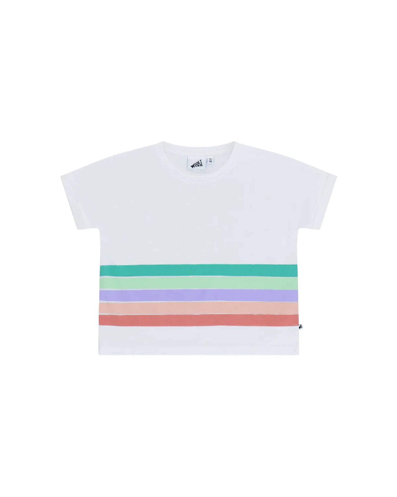 Girls Crop Tee in Offwhite by Cos I Said So with rainbow stripes in front and Vedette on the backside in Spruce Green.