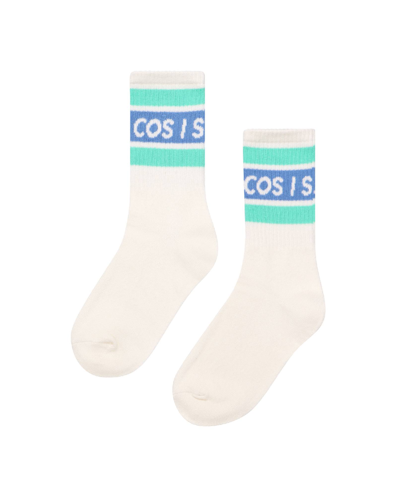 Unisex socks by Cos I Said So in White with blue and green stripes.