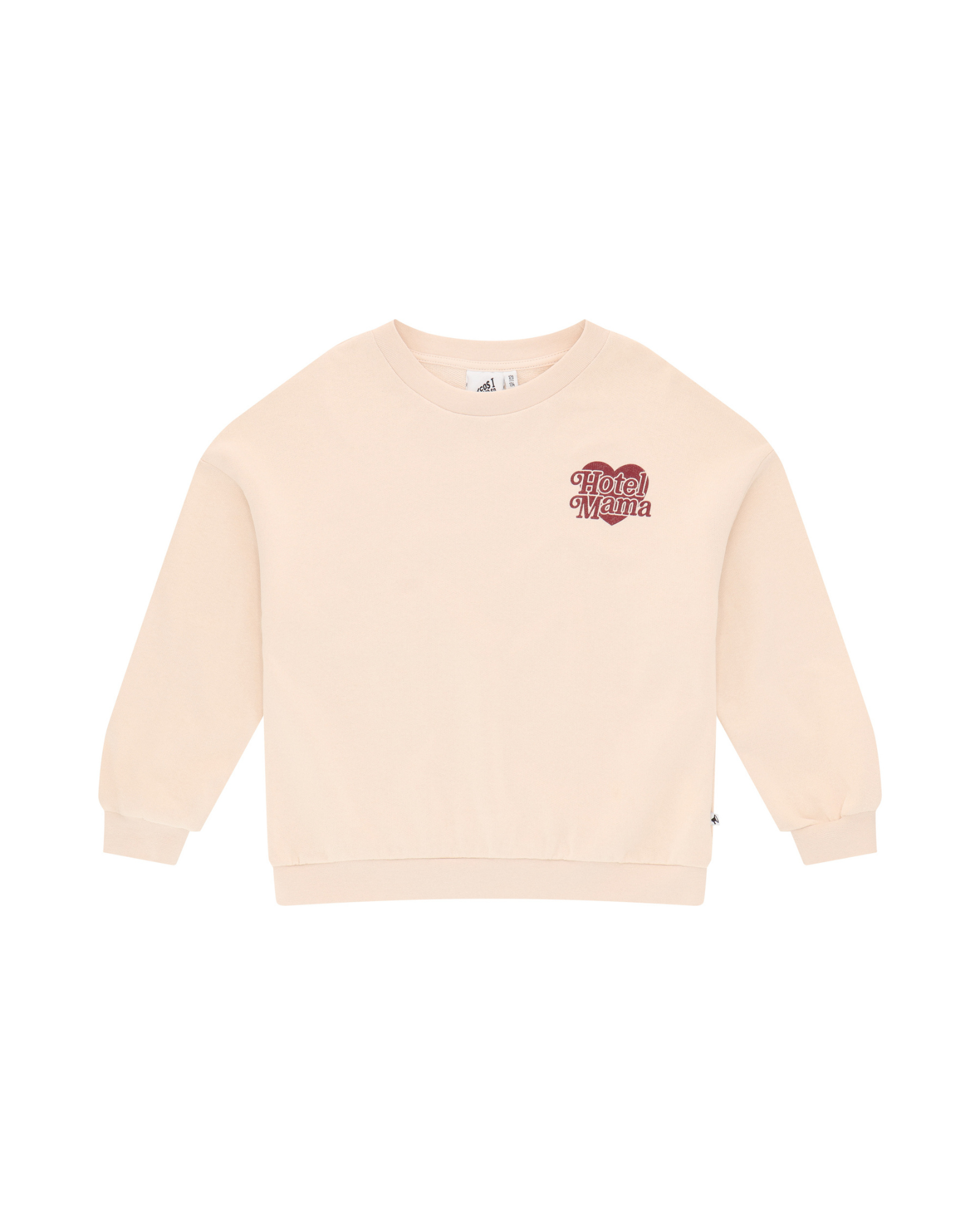 Unisex Sweater by Cos I Said So in high quality Organic Cotton. Sweater shown in Crysta, an offwhite, with caption Hotel Mama in a red heart on the left chest.