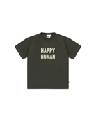 Unisex Happy Human T-Shirt by Cos-I-Said-So in high quality Organic Cotton. T-Shirt shown in the color Peat, which is an anthracite black.