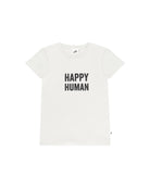 Unisex T-Shirt by Cos I Said So in high quality Organic Cotton. T-shirt with caption Happy Human is shown in the color White.