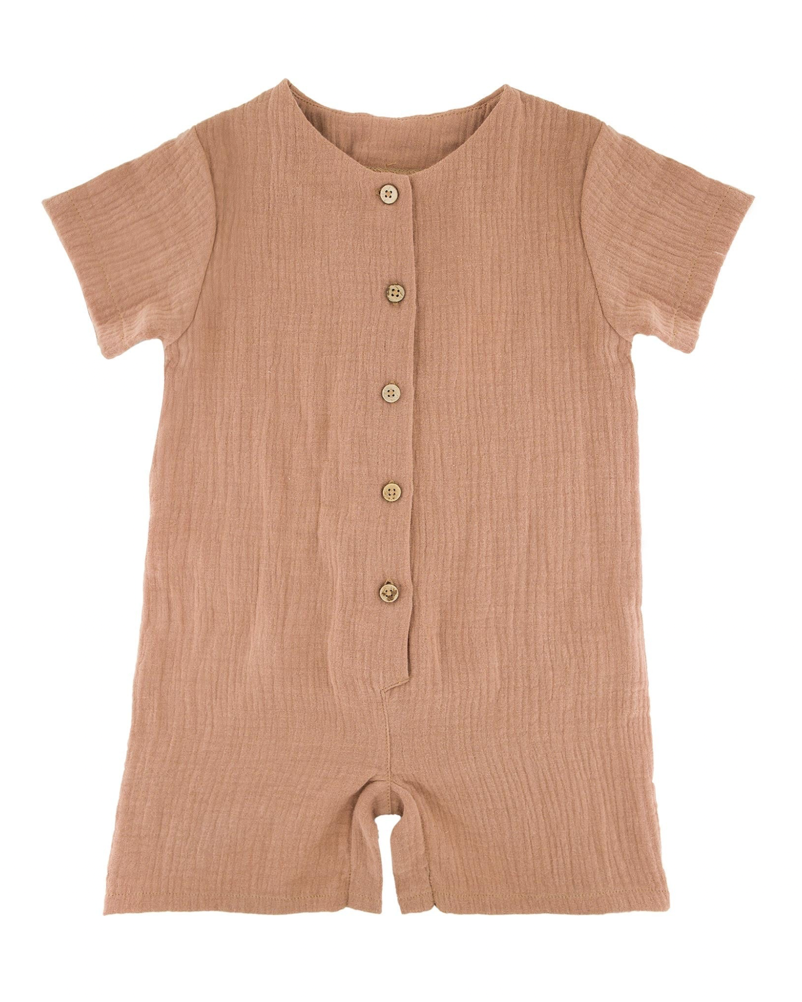 Baby Boy romper by Les Vedettes in Muslin Cotton, shown in the color Caramel.