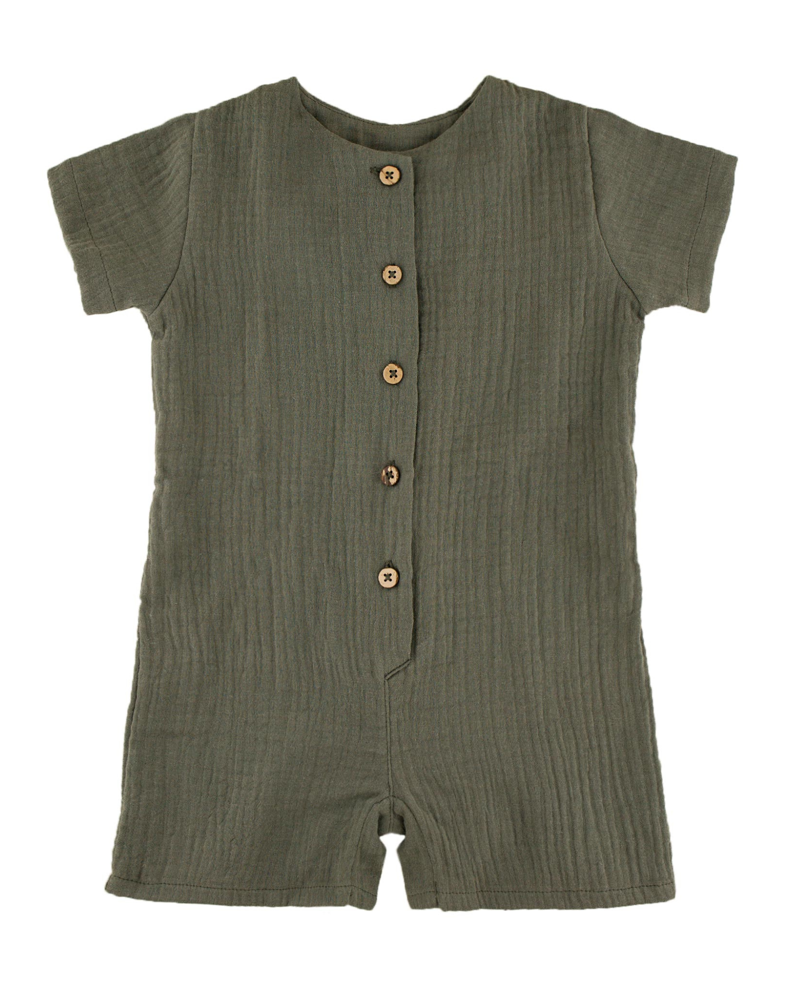 Baby Boy romper by Les Vedettes in Muslin Cotton, shown in the color Soft Khaki Green.