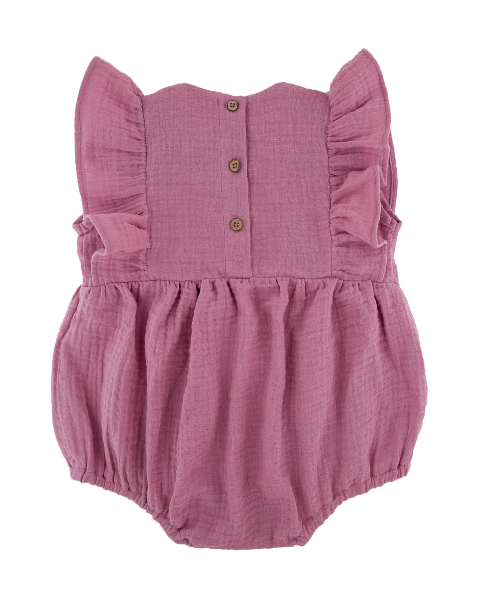 Baby Girl Onesie byLes Vedettes in high quality Muslin Cotton. This sleeveless romper is shown in Blush Pink from the Rear.