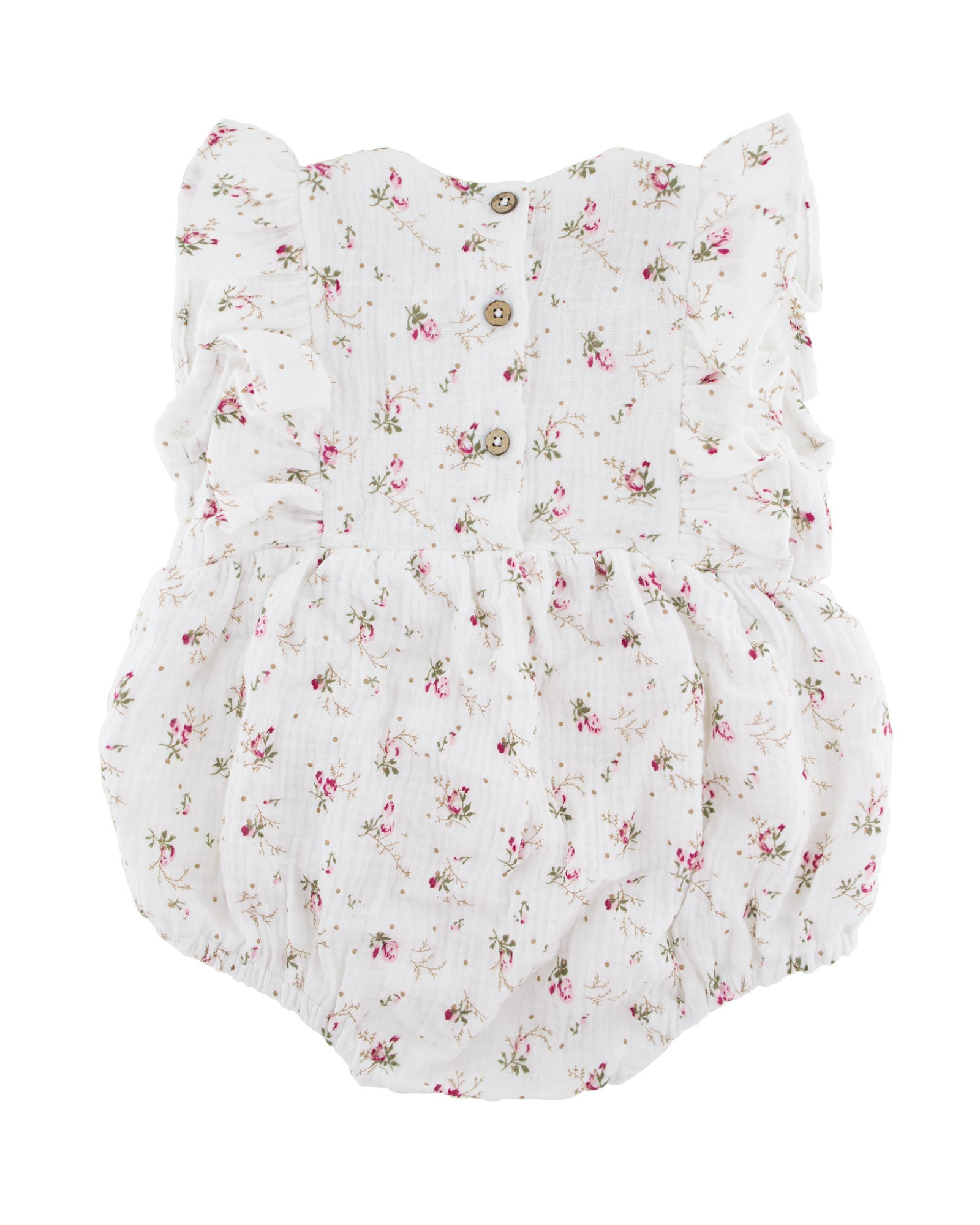 Baby Girl Onesie by Les Vedettes in high quality Muslin Cotton. This frilled sleeveless romper is shown in Wildflower from the Rear.