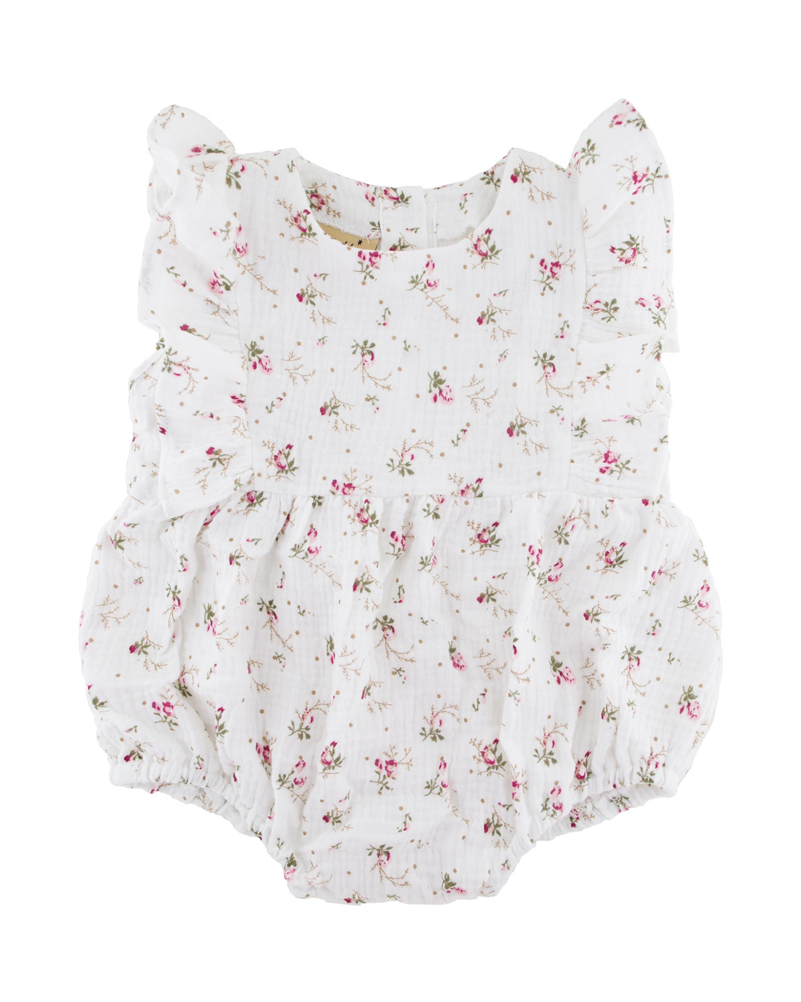 Baby Girl Onesie by Les Vedettes in high quality Muslin Cotton. This sleeveless romper is shown in Wildflower.