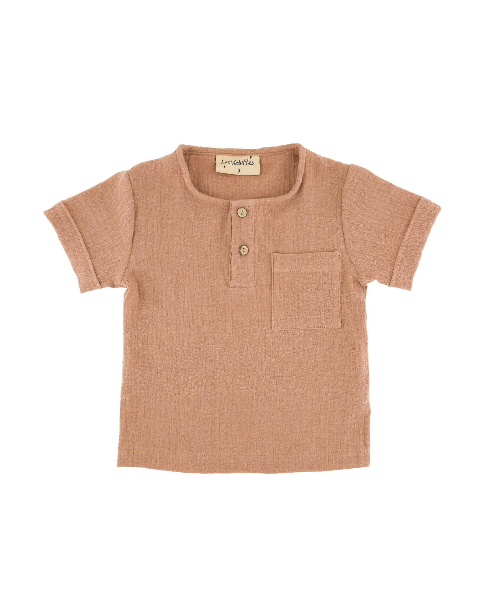 Boys Shirt with short sleeves from Les Vedettes in Muslin Cotton is shown in the color Caramel.