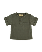 Boys Shirt with short sleeves from Les Vedettes in Muslin Cotton is shown in Soft Khaki Green.