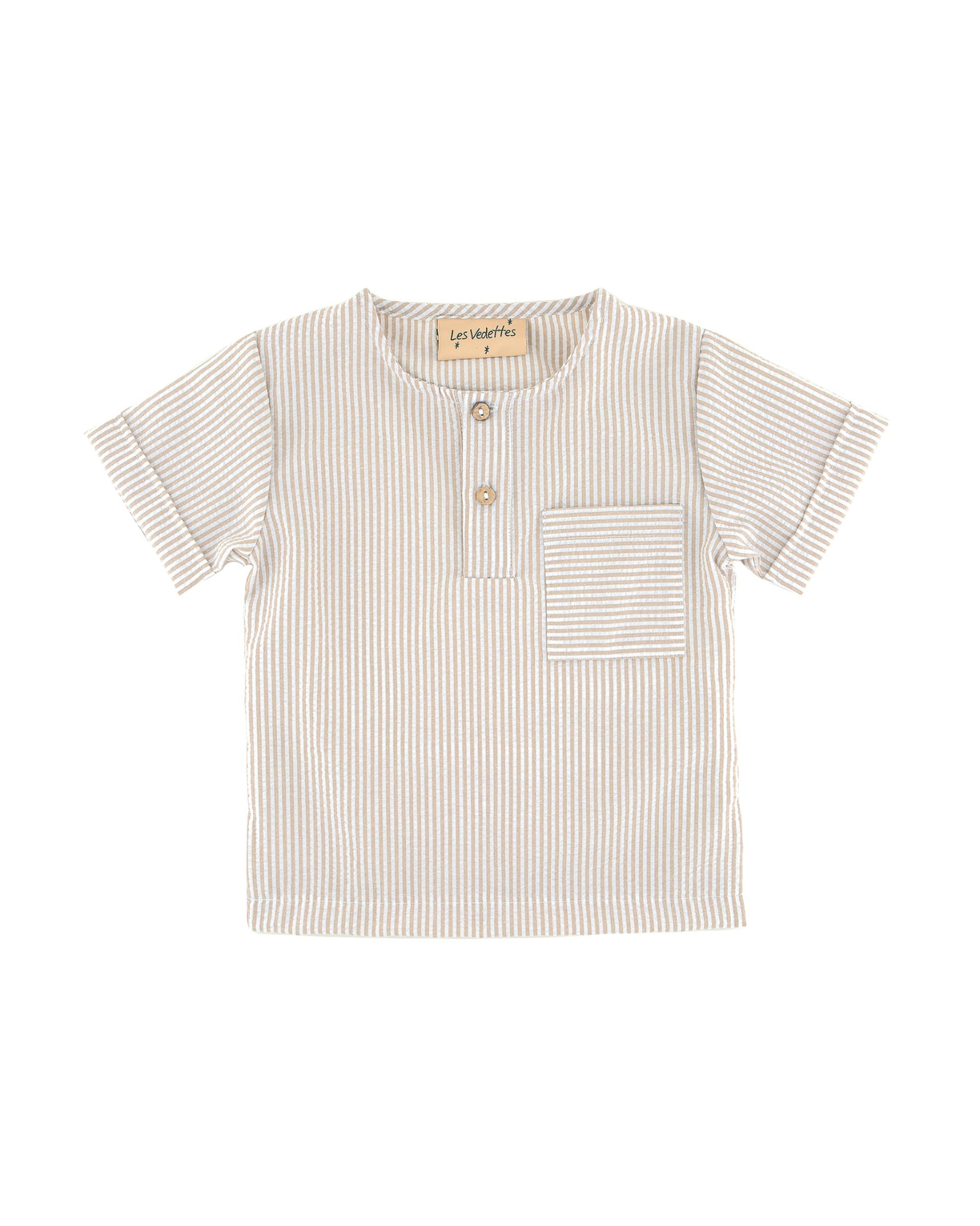 Boys Shirt  from Les Vedettes with  short sleeves in Seersucker Polycotton comes in Striped Beige and White.