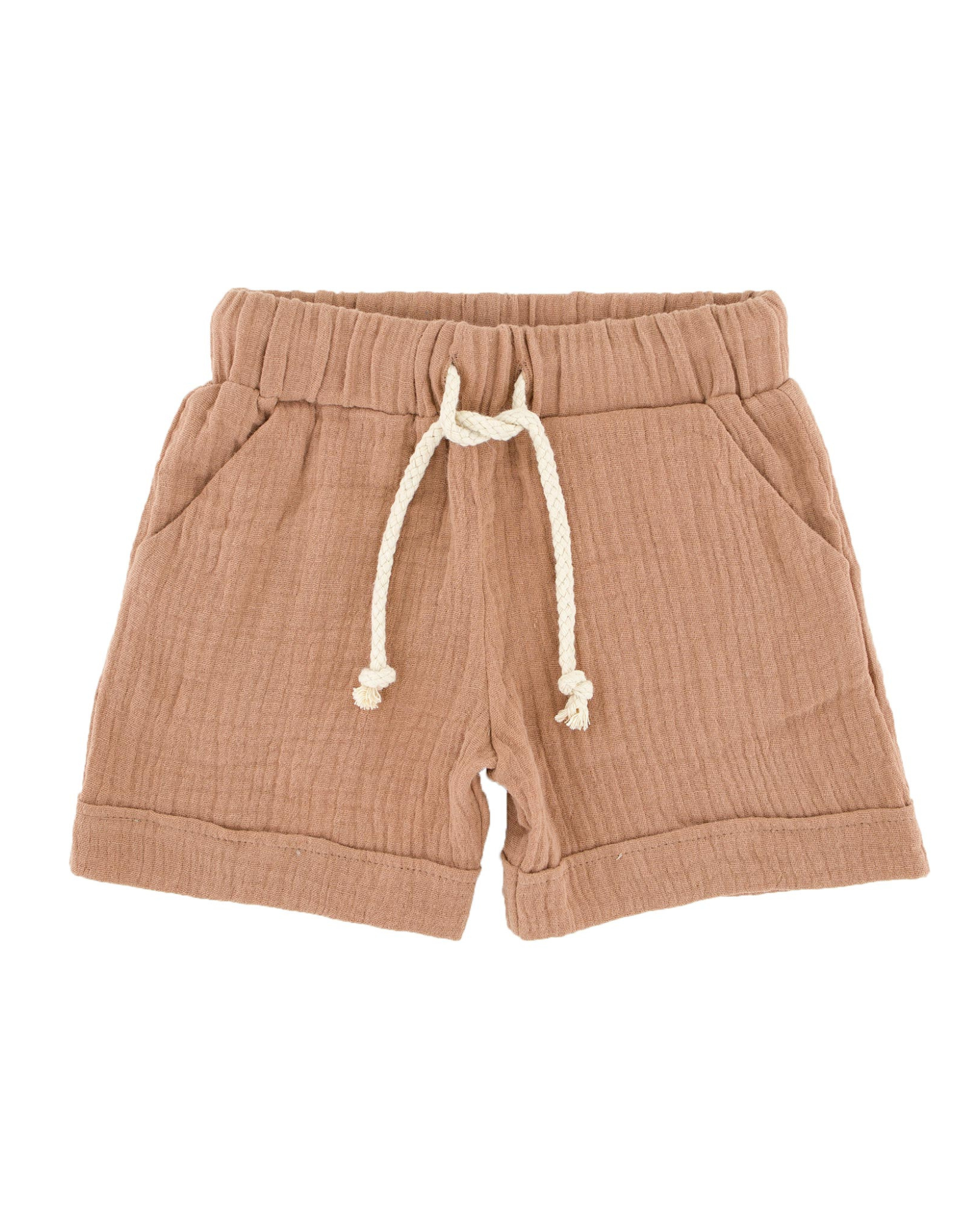 Boys Shorts by Les Vedettes in high quality Muslin Cotton. Shorts are shown in the color Caramel.