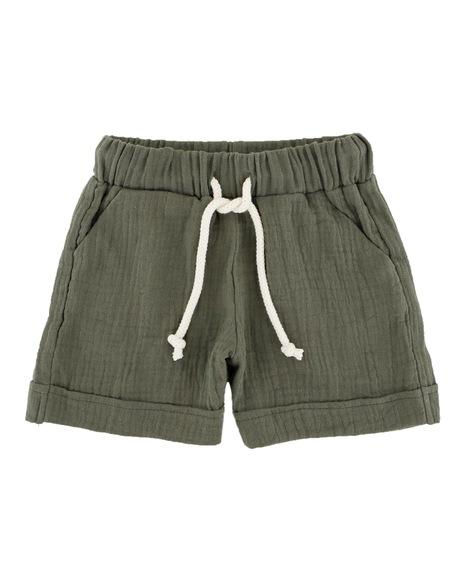 Boys Shorts by Les Vedettes in high quality Muslin Cotton. Shorts are shown in Soft Khaki Green.