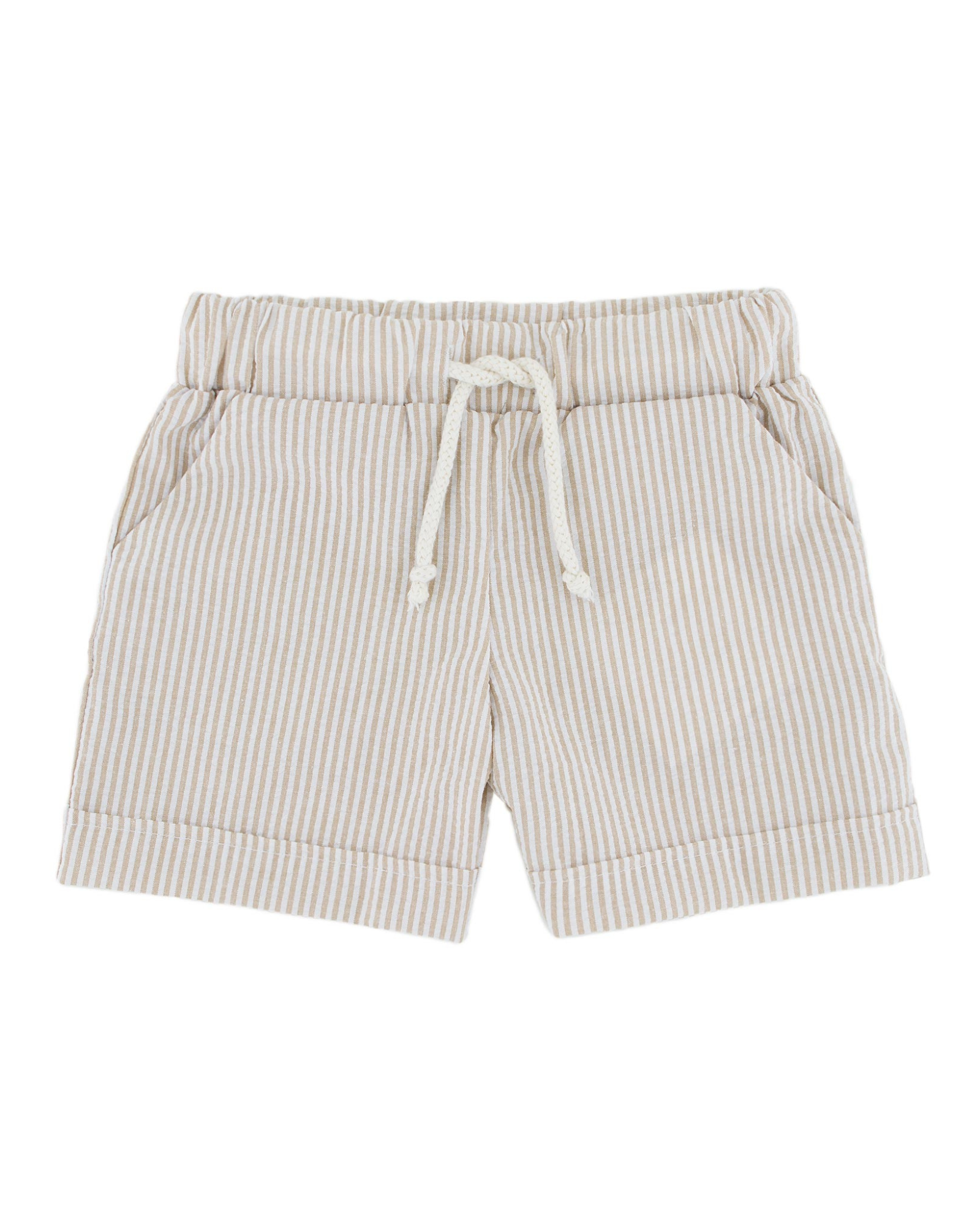 Boys Shorts by Les Vedettes in high quality Seersucker. Shorts are shown in vertical Stripes Beige and White.